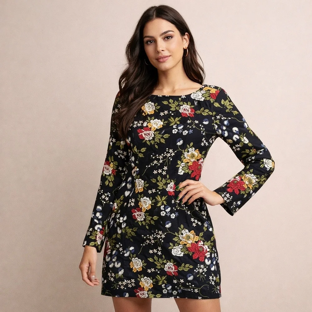 Trelise Cooper Dress 6 Black Silk Embroidered Floral Boston Tee Party‎ READ